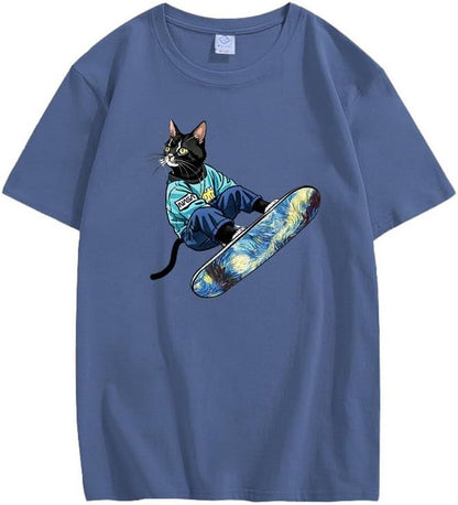 CORIRESHA Camiseta de algodón suelta de manga corta con cuello redondo y diseño de gato lindo para mujer