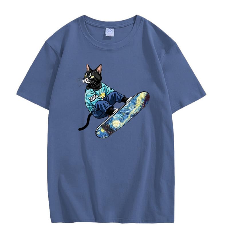 CORIRESHA Camiseta de algodón suelta de manga corta con cuello redondo y diseño de gato lindo para mujer