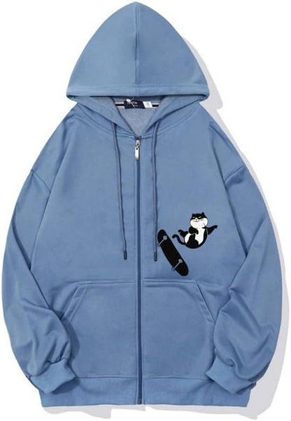 CORIRESHA Teens Cat Lovers Zip Hoodie Casual Drawstring Cute Skateboard Sweatshirt