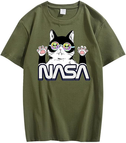 CORIRESHA Camiseta de la NASA para adolescente, informal, cuello redondo, manga corta, lindo gato