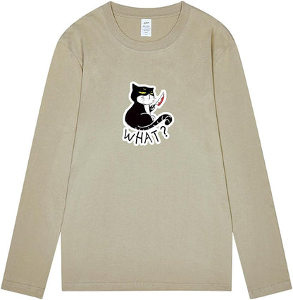 CORIRESHA Camiseta unisex de manga larga de algodón con diseño de gato divertido con cuchillo de sangre