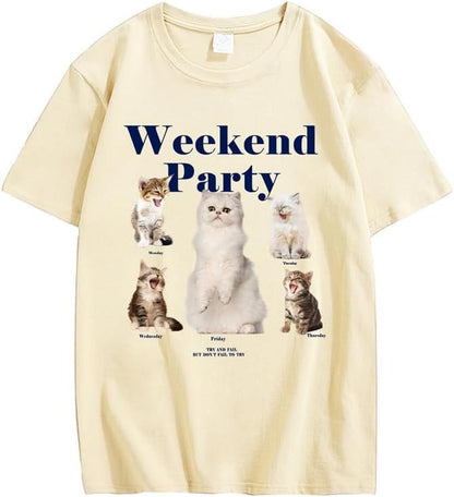 CORIRESHA Teen Cute Cat Graphic Crewneck Short Sleeve Casual Weekend Party T-Shirt