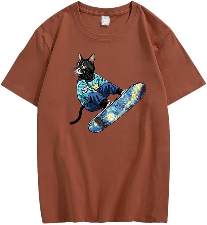 CORIRESHA Camiseta de algodón suelta de manga corta con cuello redondo y diseño de gato lindo para mujer