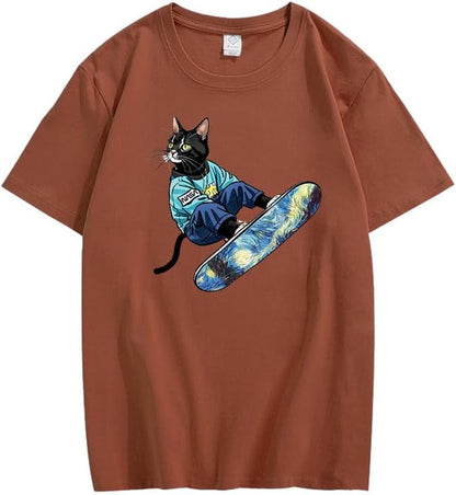 CORIRESHA Camiseta de algodón suelta de manga corta con cuello redondo y diseño de gato lindo para mujer