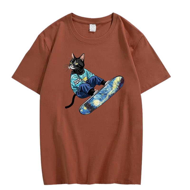 CORIRESHA Camiseta de algodón suelta de manga corta con cuello redondo y diseño de gato lindo para mujer