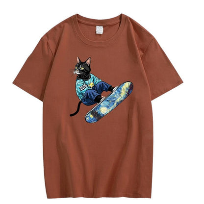 CORIRESHA Camiseta de algodón suelta de manga corta con cuello redondo y diseño de gato lindo para mujer