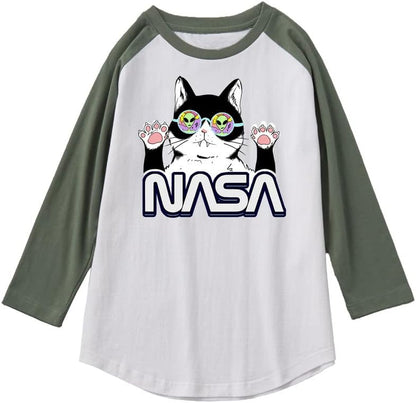 CORIRESHA Cat Lover Cute Top Mangas raglán Casual Color Block Unisex Camiseta de la NASA