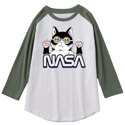 CORIRESHA Cat Lover Cute Top Mangas raglán Casual Color Block Unisex Camiseta de la NASA