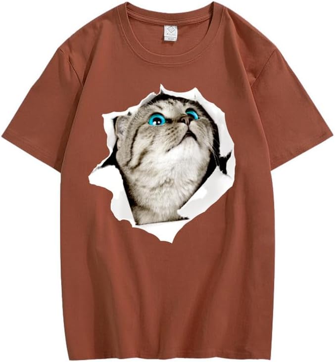 CORIRESHA Cat Lover Camiseta Cuello Redondo Manga Corta Suelta Algodón Suave Adolescente Lindo Top