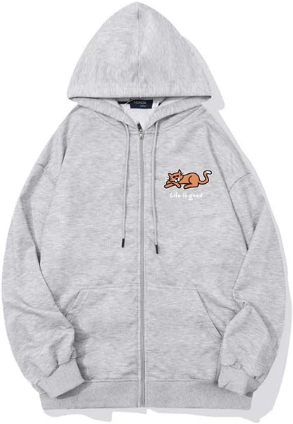 CORIRESHA Women's Cute Cat Long Sleeve Drawstring Casual Letter Zip Hoodie Sweatshirt