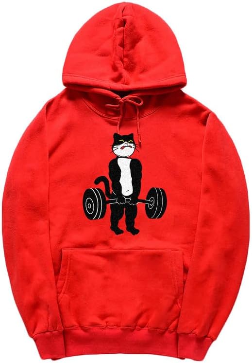 CORIRESHA Unisex Weightlifting Cat Hoodie Long Sleeve Drawstring Kangaroo Pocket Cotton Sweatshirt