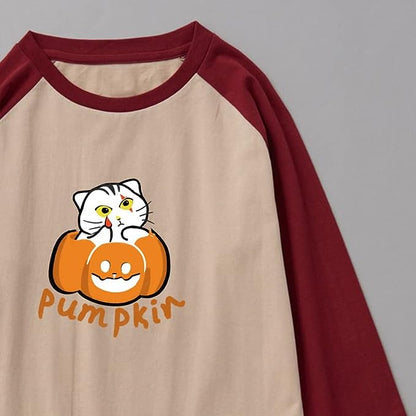 CORIRESHA Funny Cats Pumpkin Camiseta Mangas raglán 3/4 Disfraz de Halloween unisex