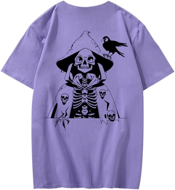 CORIRESHA Camiseta con estampado de calavera para adolescentes, cuello redondo, manga corta, informal, de algodón, disfraz de Halloween