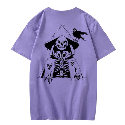 CORIRESHA Camiseta con estampado de calavera para adolescentes, cuello redondo, manga corta, informal, de algodón, disfraz de Halloween