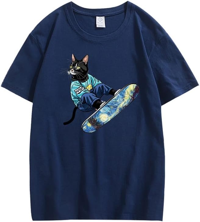 CORIRESHA Camiseta de algodón suelta de manga corta con cuello redondo y diseño de gato lindo para mujer