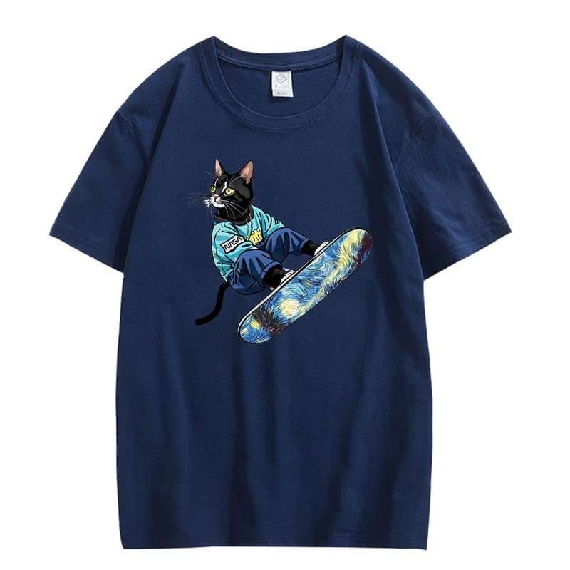 CORIRESHA Camiseta de algodón suelta de manga corta con cuello redondo y diseño de gato lindo para mujer