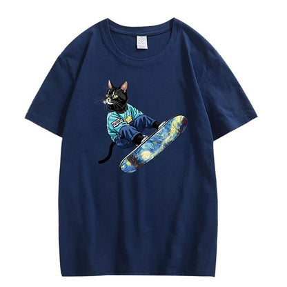 CORIRESHA Camiseta de algodón suelta de manga corta con cuello redondo y diseño de gato lindo para mujer
