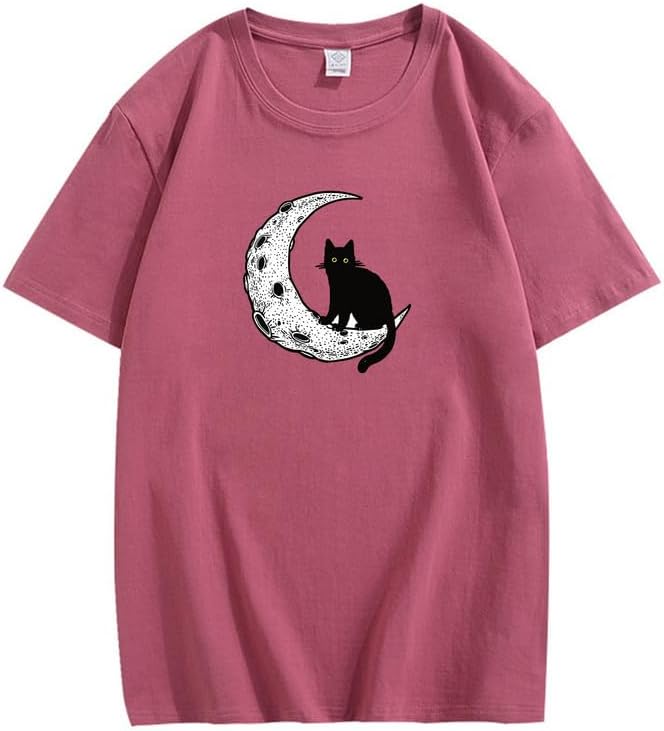 CORIRESHA Camiseta unisex de manga corta con cuello redondo y diseño de gato lunar, informal, de algodón suave