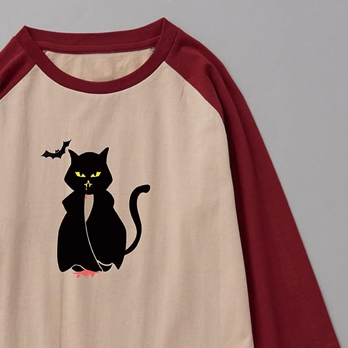 CORIRESHA Camiseta gótica de Halloween para adolescentes con manga de hombro de algodón con gatos divertidos