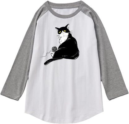 CORIRESHA Camiseta de gato lindo para hombre, mangas raglán, cuello redondo, dobladillo curvado, tops casuales