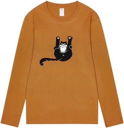 CORIRESHA Unisex Funny Cat Tops Crewneck Long Sleeves Fall Cotton Cute T-Shirts