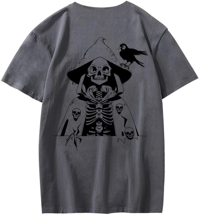 CORIRESHA Camiseta con estampado de calavera para adolescentes, cuello redondo, manga corta, informal, de algodón, disfraz de Halloween