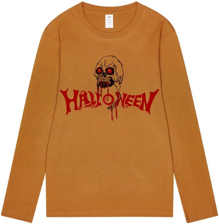 CORIRESHA Camiseta gótica de Halloween de manga larga con cuello redondo y estampado de calavera aterradora unisex