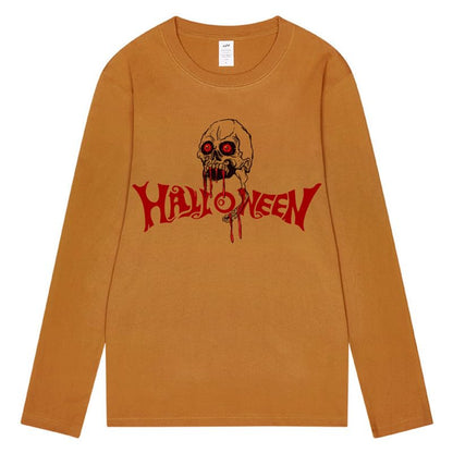 CORIRESHA Camiseta gótica de Halloween de manga larga con cuello redondo y estampado de calavera aterradora unisex