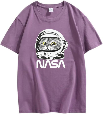 CORIRESHA Camiseta adolescente de la NASA cuello redondo manga corta lindo top para los amantes de los gatos