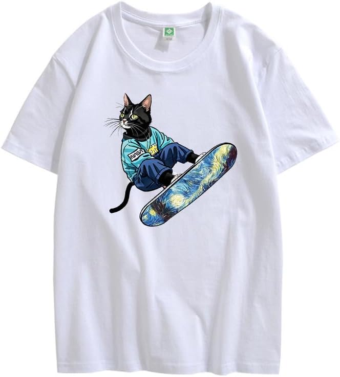 CORIRESHA Camiseta de algodón suelta de manga corta con cuello redondo y diseño de gato lindo para mujer