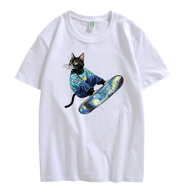 CORIRESHA Camiseta de algodón suelta de manga corta con cuello redondo y diseño de gato lindo para mujer