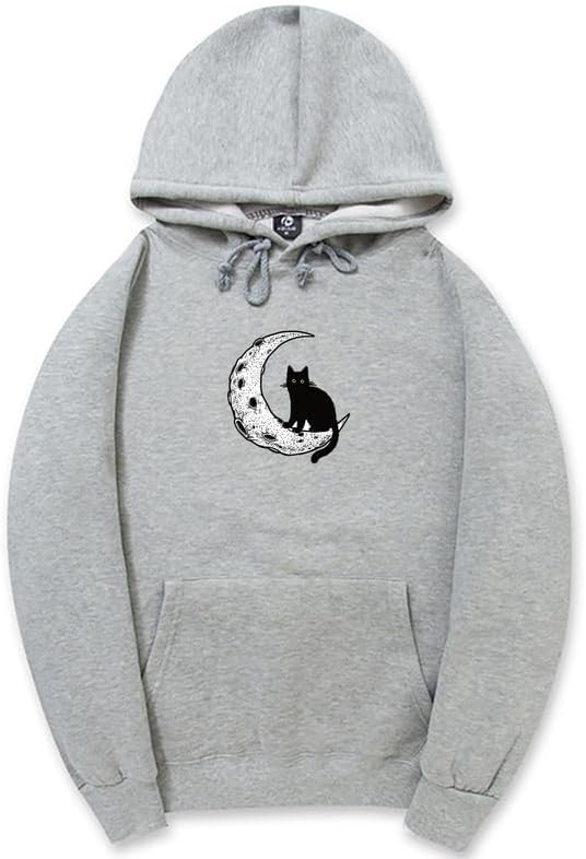 CORIRESHA Sudadera con capucha unisex Moon Cat Casual de manga larga suave y linda sudadera con bolsillo