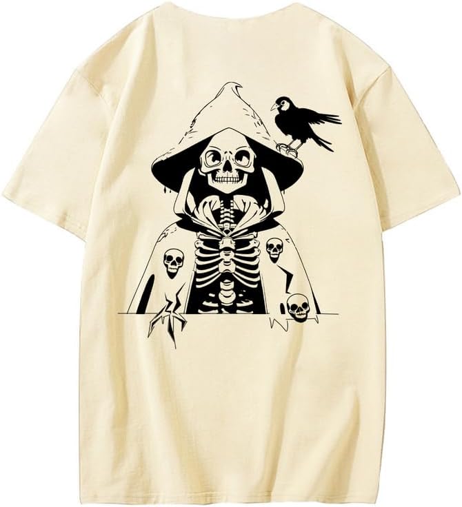 CORIRESHA Camiseta con estampado de calavera para adolescentes, cuello redondo, manga corta, informal, de algodón, disfraz de Halloween