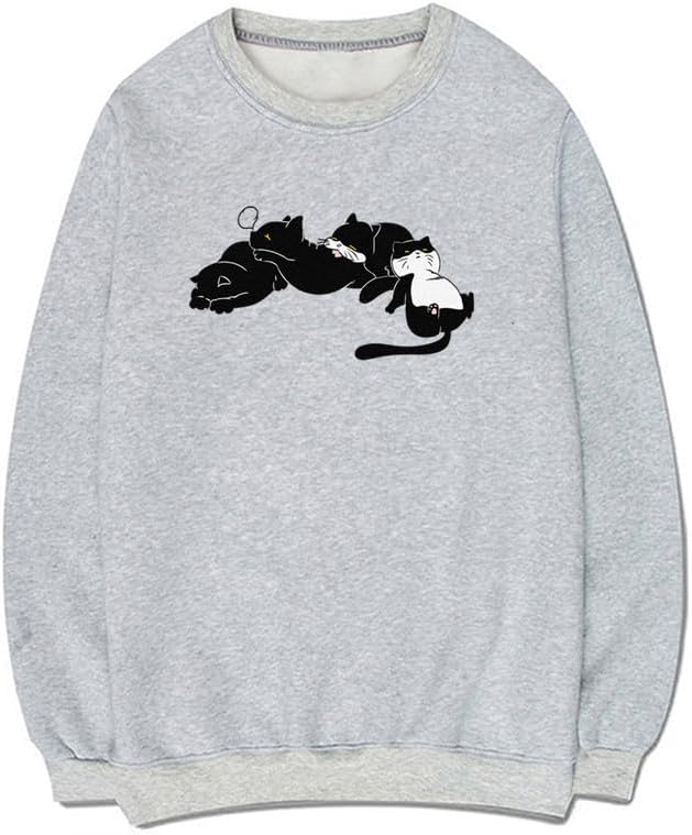 CORIRESHA Cute Sleeping Cat Crewneck Long Sleeve Cotton Casual Pullover Sweatshirt