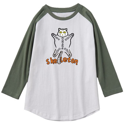 CORIRESHA Disfraz de Halloween con diseño de esqueleto de gatos divertidos, manga raglán 3/4, camiseta gótica