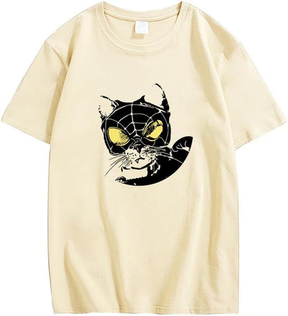 CORIRESHA Teen Cat Lovers Spider Web Camiseta Cuello Redondo Manga Corta Casual Y2k Top