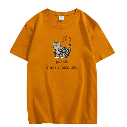 CORIRESHA Teen Cute Cat Crewneck Short Sleeve Casual Personalized Letter T-Shirt