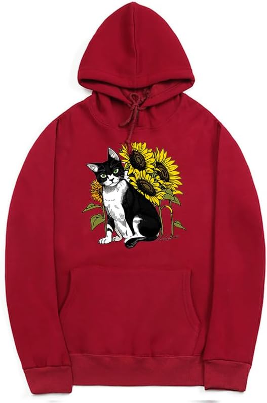 CORIRESHA Lindo Gato Sudadera con capucha Casual Manga Larga Cordón Girasol Sudadera