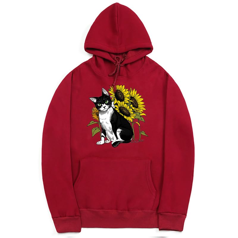 CORIRESHA Cute Cat Hoodie Casual Long Sleeve Drawstring Sunflower Sweatshirt