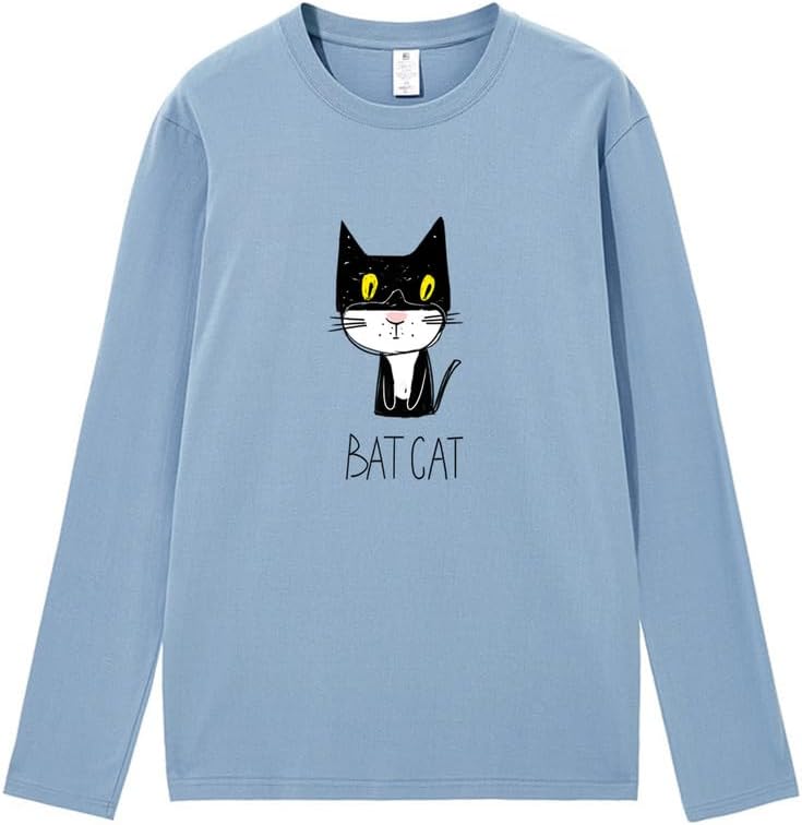 CORIRESHA Teen Funny Cat Bat Crew Neck Long Sleeves Casual Fall T-Shirt