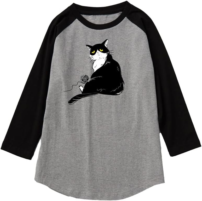 CORIRESHA Men's Cute Cat T-Shirt Raglan Sleeves Round Neck Curved Hem Casual Tops