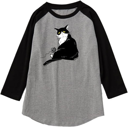 CORIRESHA Camiseta de gato lindo para hombre, mangas raglán, cuello redondo, dobladillo curvado, tops casuales