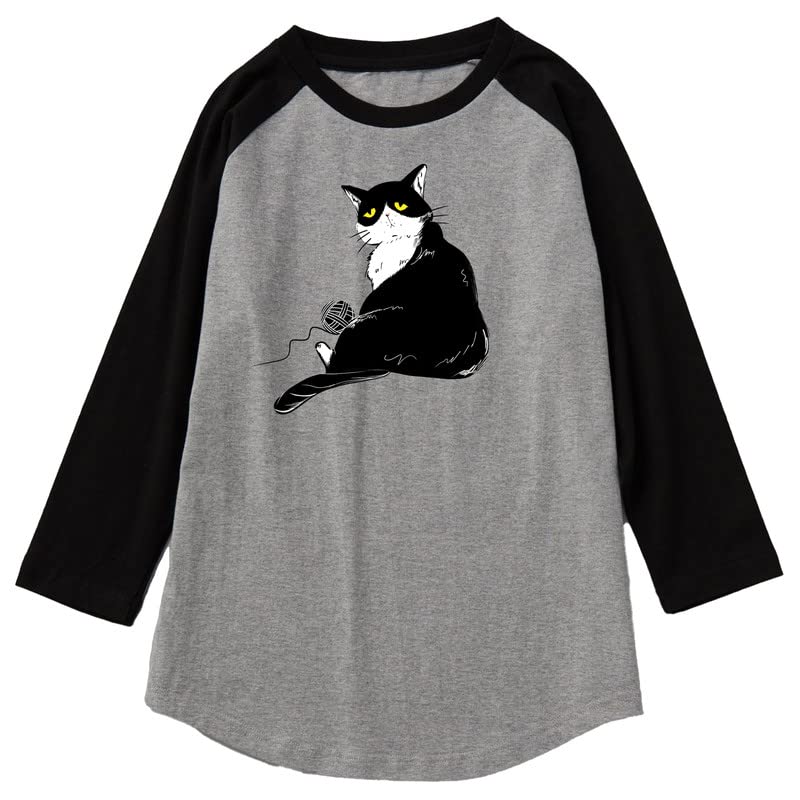 CORIRESHA Men's Cute Cat T-Shirt Raglan Sleeves Round Neck Curved Hem Casual Tops