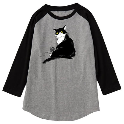 CORIRESHA Camiseta de gato lindo para hombre, mangas raglán, cuello redondo, dobladillo curvado, tops casuales