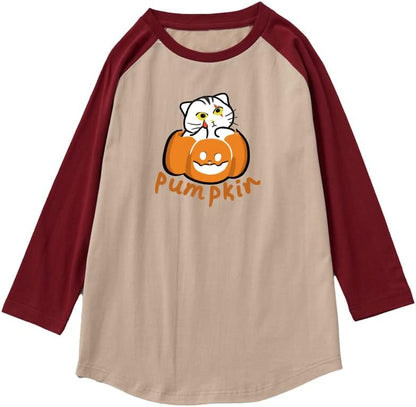 CORIRESHA Funny Cats Pumpkin Camiseta Mangas raglán 3/4 Disfraz de Halloween unisex