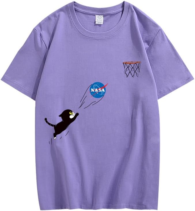 CORIRESHA Adolescente Lindo Gato Cuello Redondo Manga Corta Verano Casual Básico NASA Camiseta