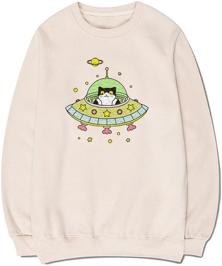 CORIRESHA Space Lover Sweatshirt Crew Neck Long Sleeve Cute Cat Spaceship Pullover