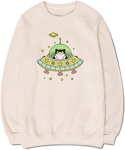 CORIRESHA Space Lover Sweatshirt Crew Neck Long Sleeve Cute Cat Spaceship Pullover