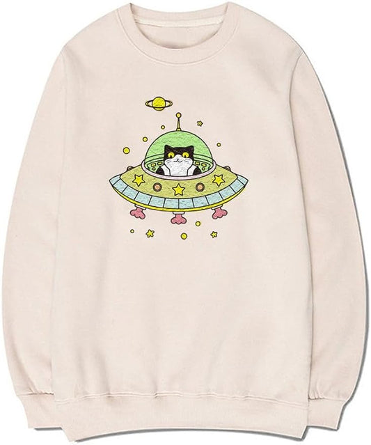 CORIRESHA Space Lover Sweatshirt Crew Neck Long Sleeve Cute Cat Spaceship Pullover