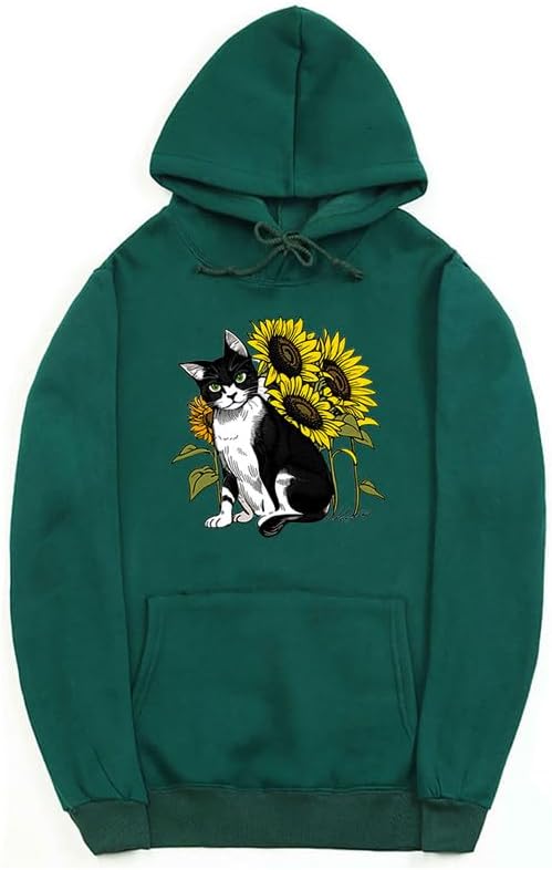 CORIRESHA Cute Cat Hoodie Casual Long Sleeve Drawstring Sunflower Sweatshirt